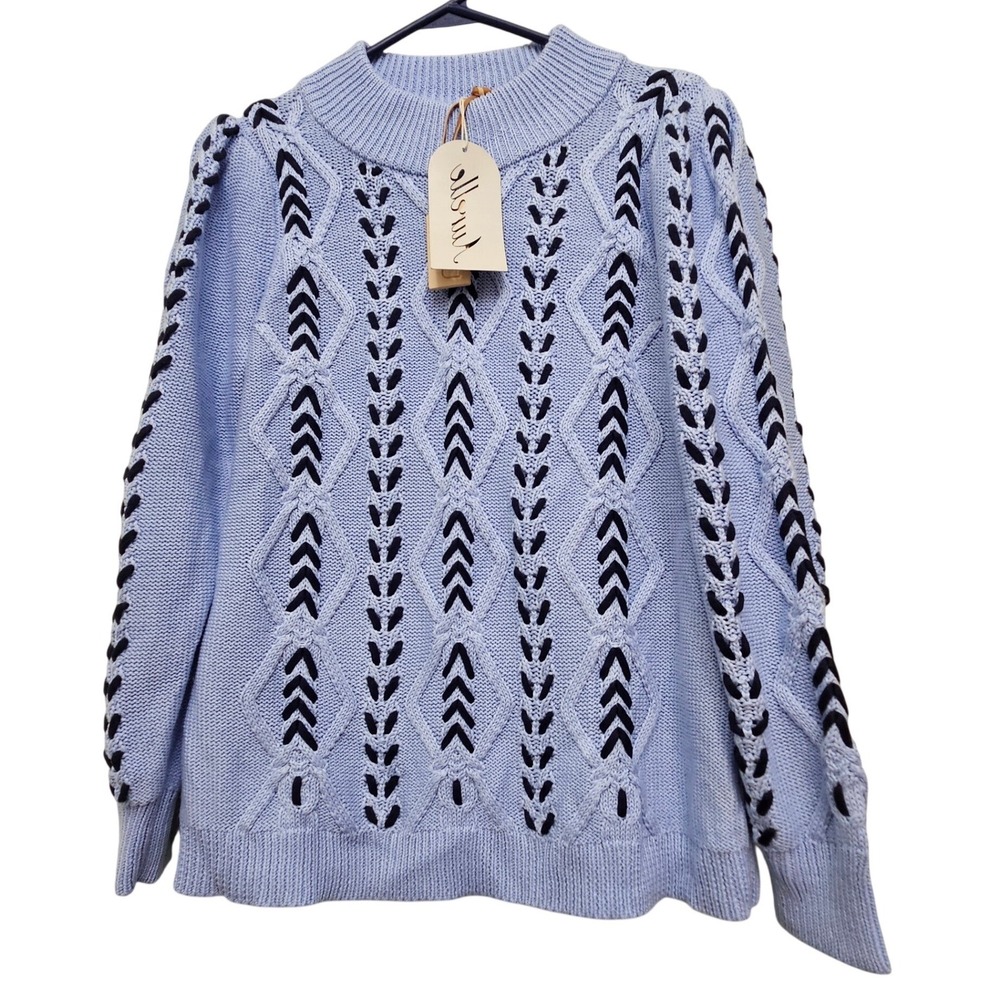 Aurelle Sweater Women Small Blue Cable Knit Diamond Embroidered Mock Neck Boho
